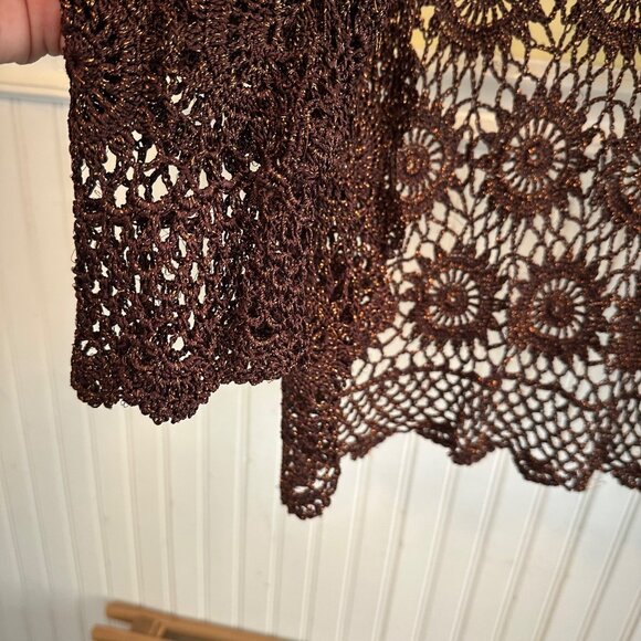 Crochet Open Knit Cardigan Sweater With Sunburst Pattern In Brown Metallic Threa - Picture 2 of 5